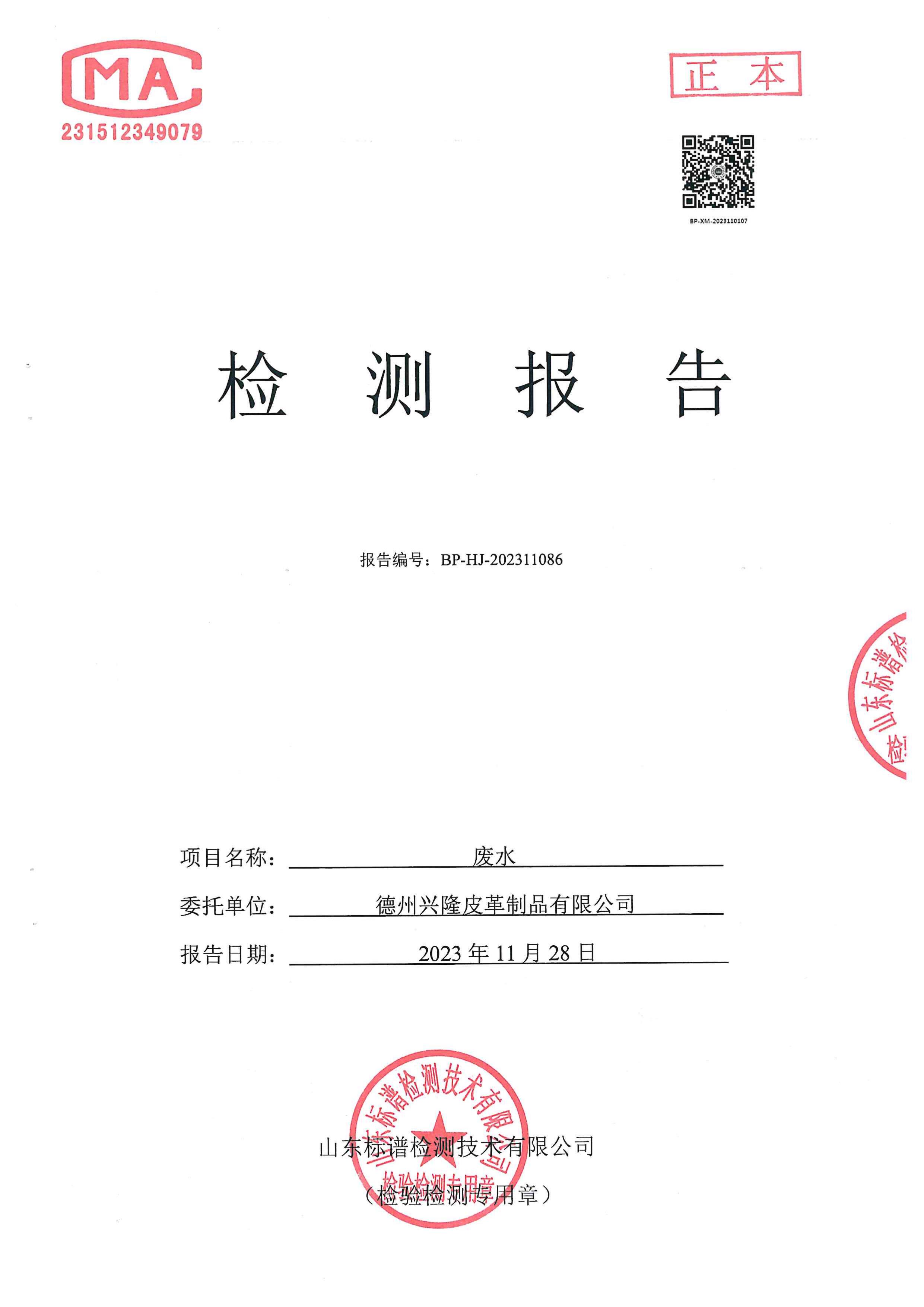 2023年11月份廢水檢測報告