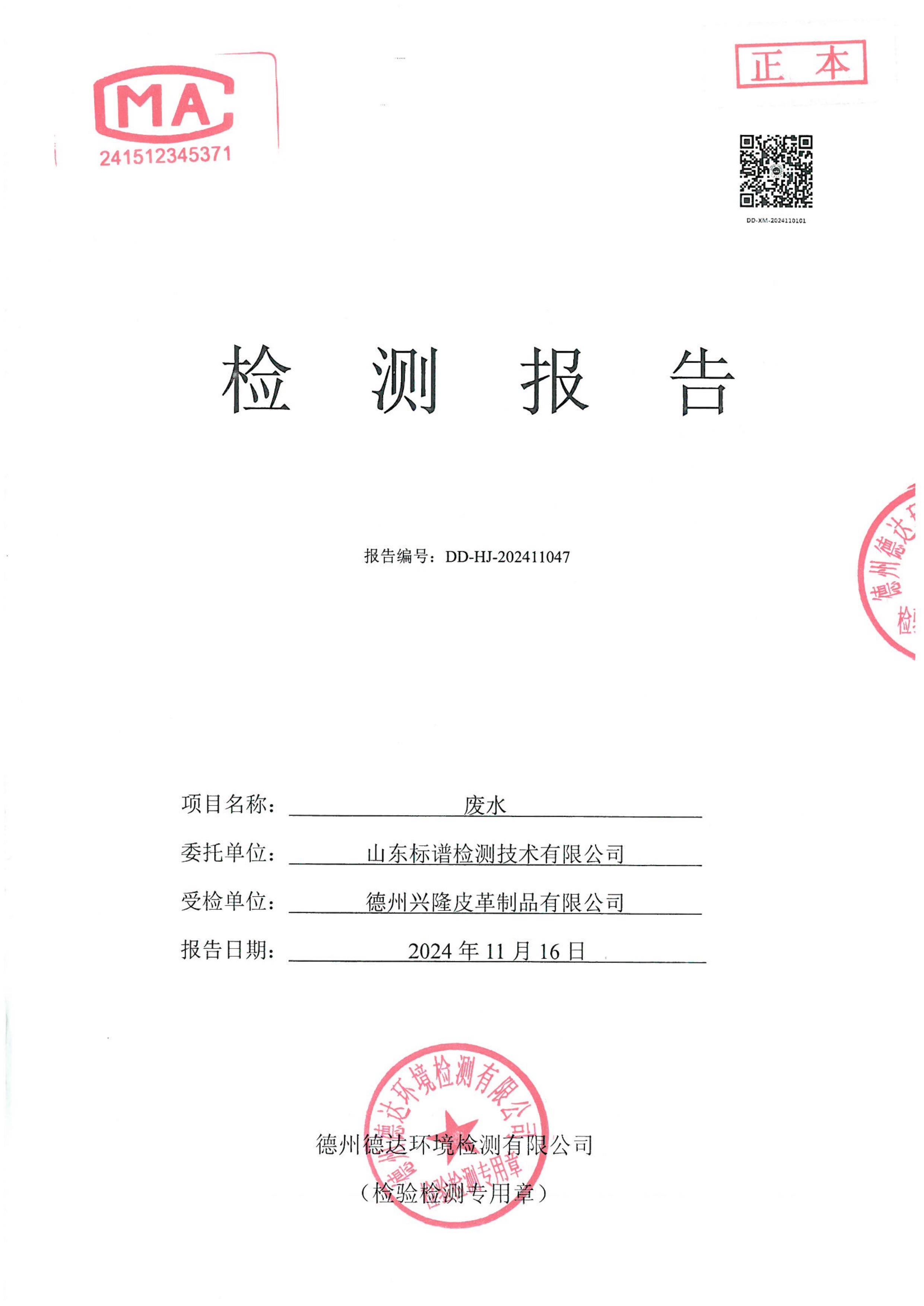 2024年11月份廢水檢測報告